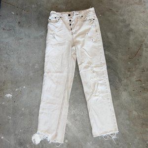 Cream Distressed Straight Leg Jeans